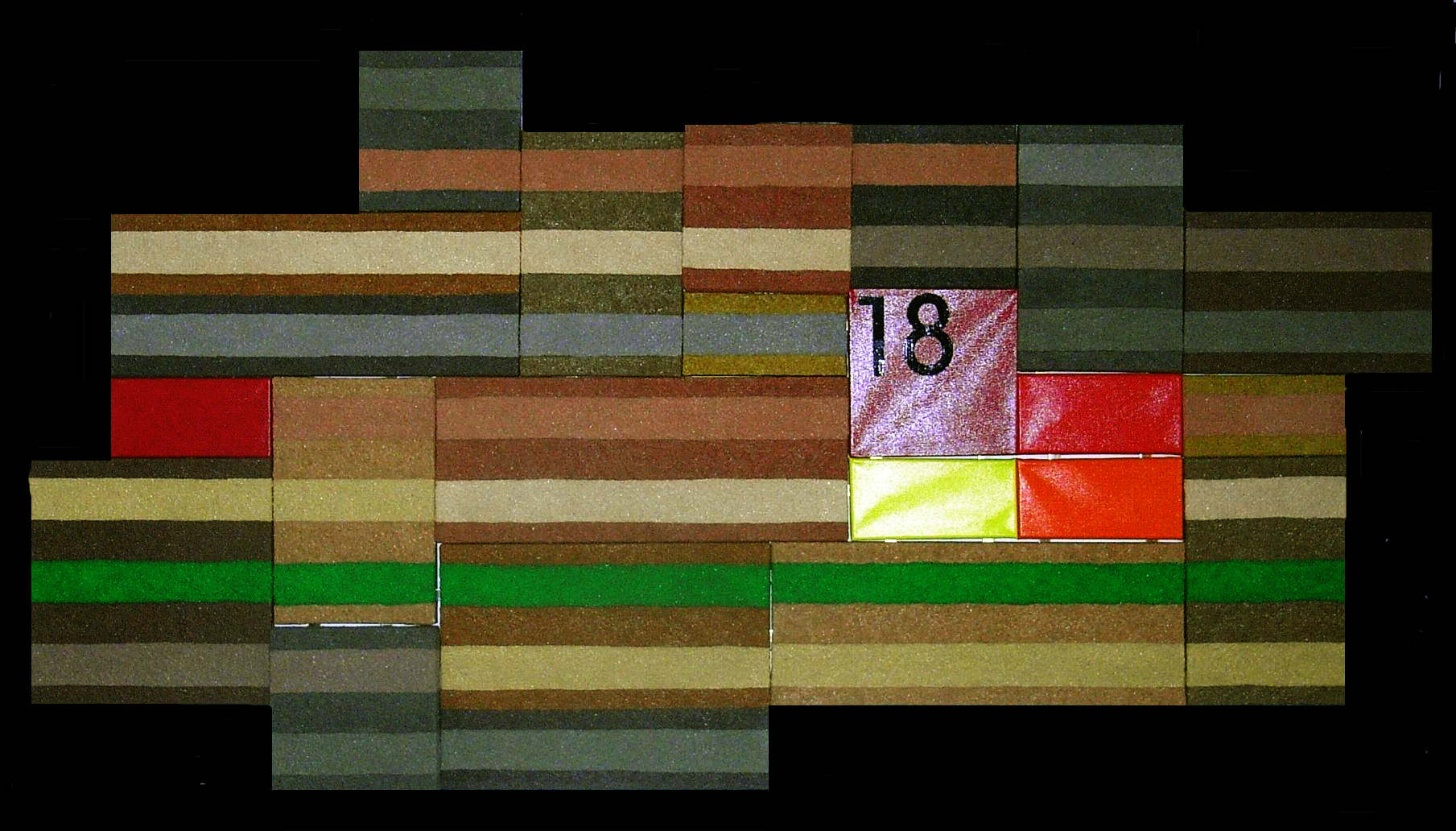 Grundstück und Haus Nr. 18 am grünen Senf Weg |  2011  |  Acryl, Senf, Mohn, Sand  |  montiert aus 20 Teilbildern  |  160x90 cm